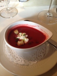 This is the only food porn I will show--I promise. A rhubarb and beet soup with goat cheese foam.