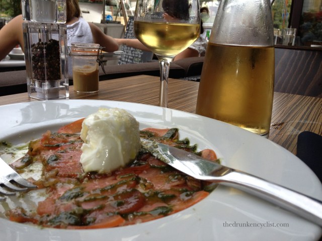 A little salmon carpaccio with a very large carafe of Chardonnay.
