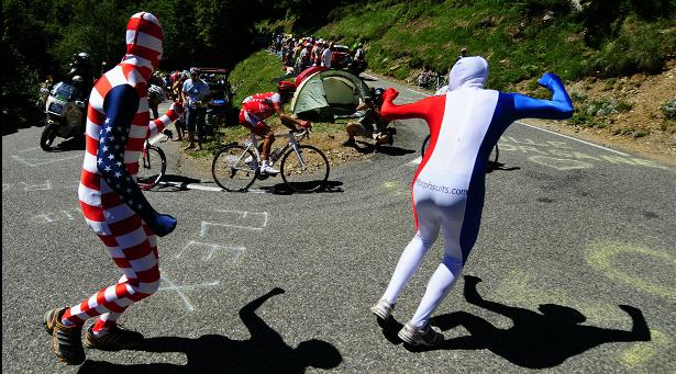 From USA Today. Unfortunately, most Tour photos with an American flag in it also contain a disgraced cyclist....