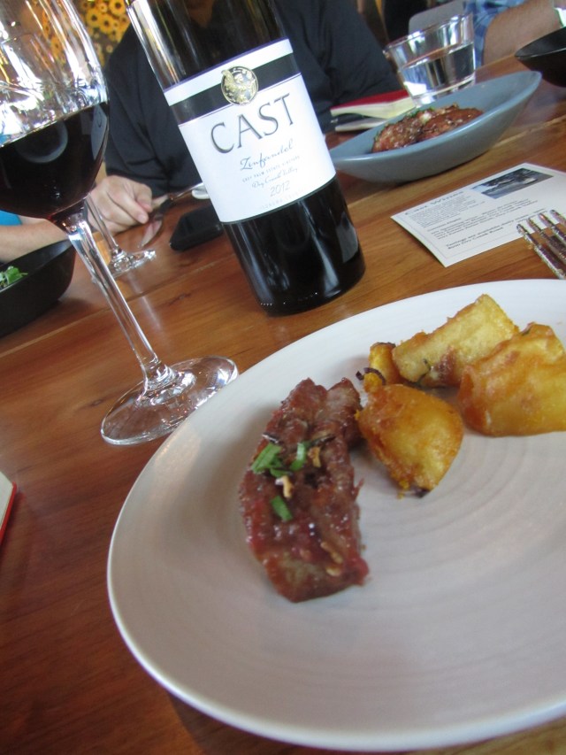 At Spoonbar, there were bodega red potatoes, beet boudin spring rolls, and pork riblets, paired with Cast's Grey Palm Estate Zinfandel.