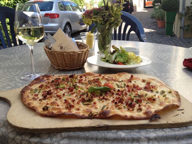 My last meal in Germany--a Flammeküche with a glass (OK, it was two) of Spâtslese before I returned to Paris to get ready for the next trip to the Loire Valley. 
