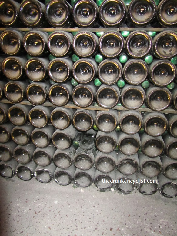 Down near the bottom, you can see where another one of the bottles exploded. This used to happen quite often in the time of Pérignon–as much as 90% of the bottles could be lost due to breakage (and also made working in the cellars very dangerous).