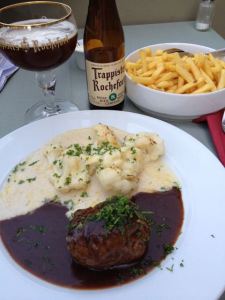 My meal at De Lieve, the last time I passed through. I have no idea what it was called, but it is a big hunk of meat with mashed potatoes. It also came with a side of fries since, well I guess the mashed potatoes did not quite fill the days quota of spuds.