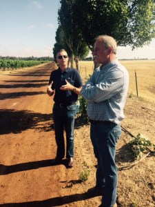 Robert Pirie (right), a vineyard manager and pivotal figure among Lodi wine growers, with Cameron King, Executive Director of the Lodi Winegrape Commission, at Clay Station Vineyard in the Borden Ranch Sub-Appellation.