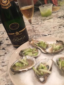 '99 Mailly Grand Cru. Oysters with green apple ginger granita. Granny Smith Thai basil mignonette.