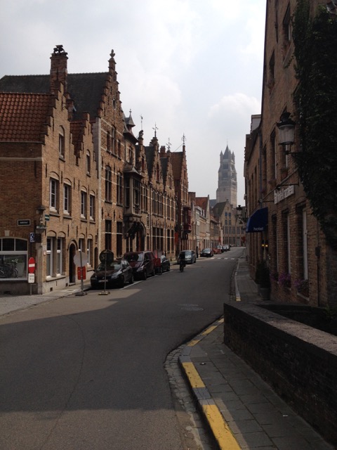 The view outside of the hotel, with the Belfry in the distance.