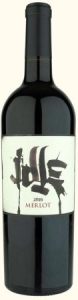 A bottle of Merlot wine with a stylish label featuring bold black lettering on a white background.